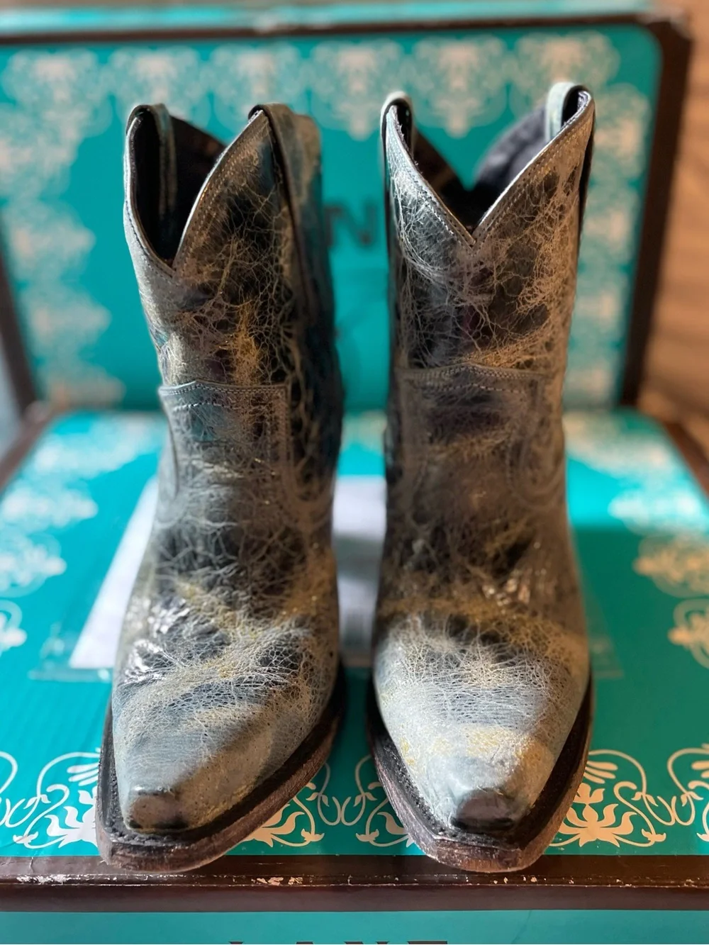 LANE Women's Teal Distressed Leather Western Ankle Boots